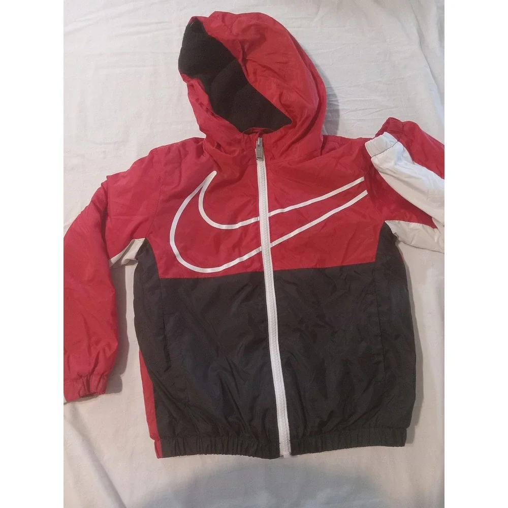 Nike Jacket Toddler Boys Sz 4 Red/Black‎ Hooded Fleece Windbreaker Swoosh Logo